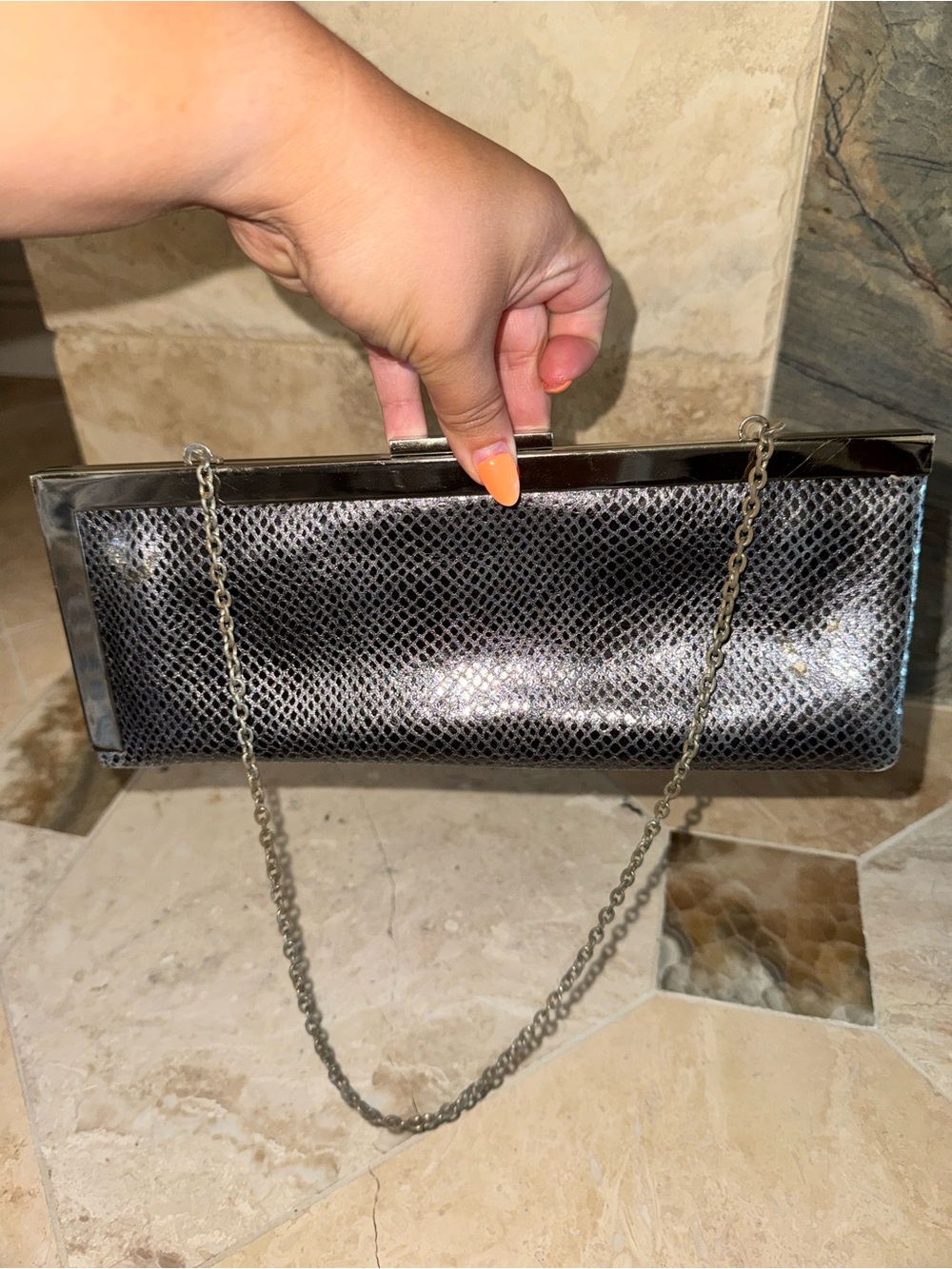 Calvin Klein Gray Snakeskin Embossed Clutch Silver Frame Evening Bag